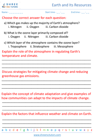 Grade 6  Science worksheet: Earth and Its Resources - Earth's Atmosphere and Climate