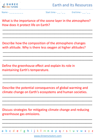 Grade 6  Science worksheet: Earth and Its Resources - Earth's Atmosphere and Climate