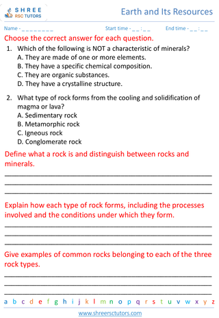 Grade 6  Science worksheet: Earth and Its Resources - Rocks and Minerals