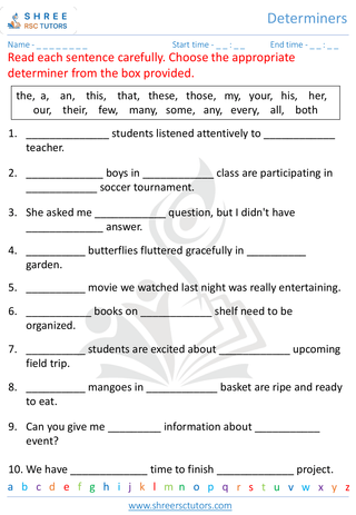 Grade 7  English worksheet: Determiners