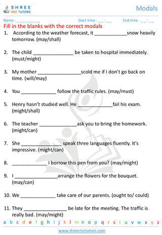 Grade 7  English worksheet: Modals