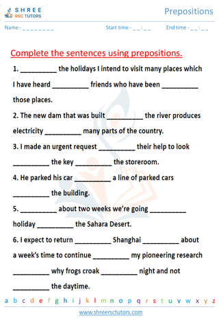 Grade 7  English worksheet: Preposition