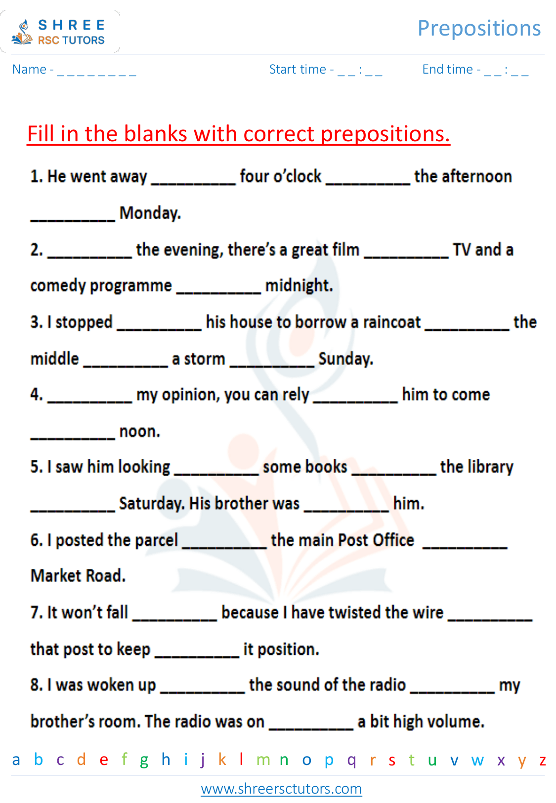 Preposition worksheets for Grade 7 English | shree rsc tutors