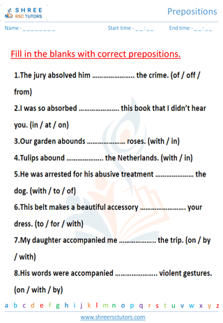 Grade 7  English worksheet: Preposition