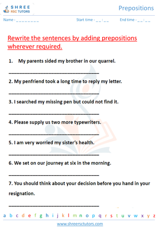 Grade 7  English worksheet: Preposition