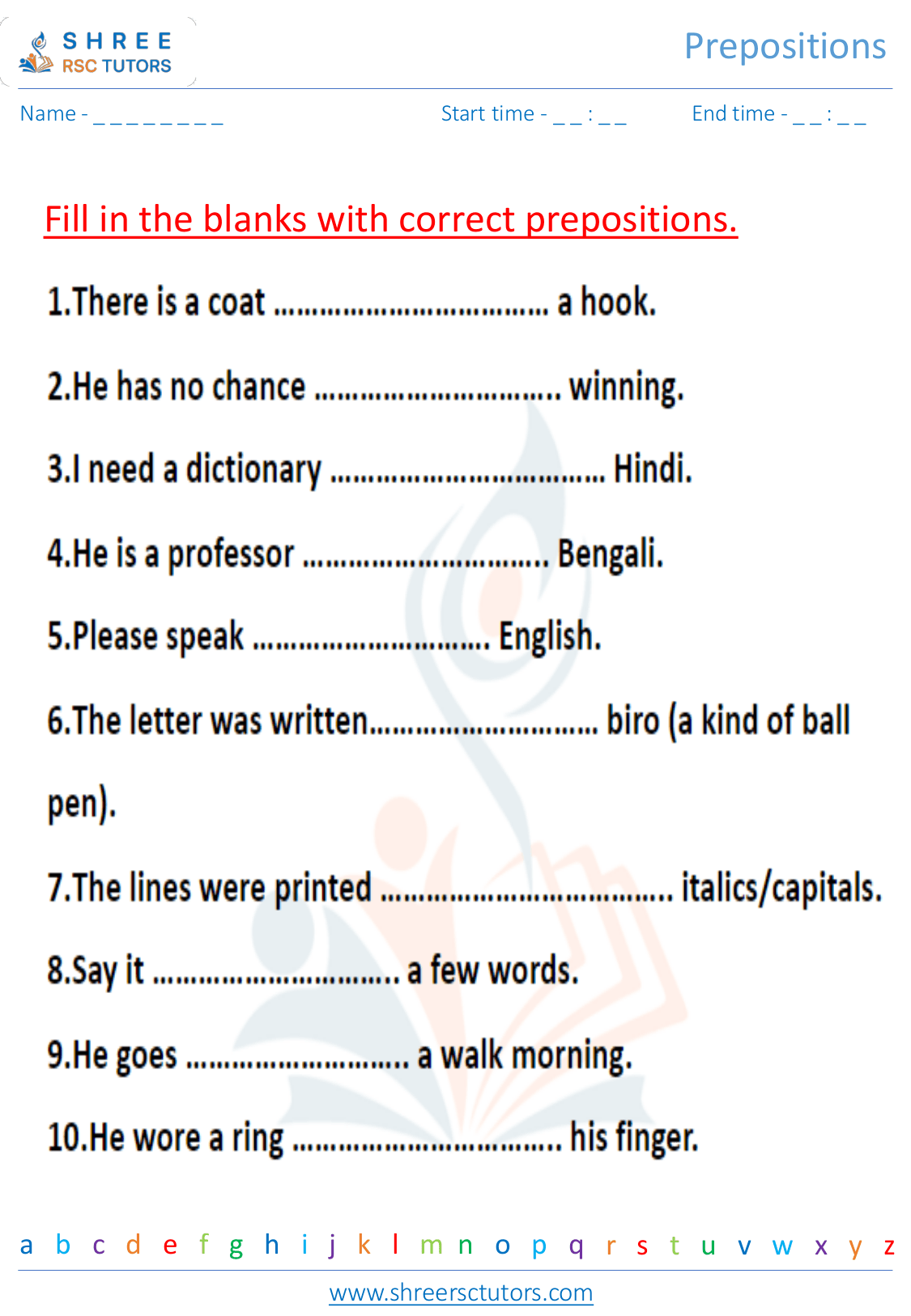 Preposition Worksheets For Grade 7 English Shree Rsc Tutors