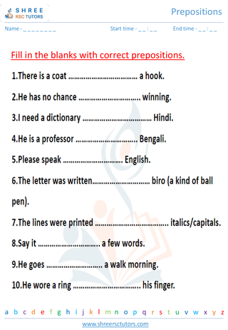 Grade 7  English worksheet: Preposition