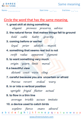 Grade 7  English worksheet: Same meaning