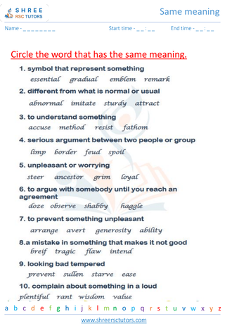 Grade 7  English worksheet: Same meaning