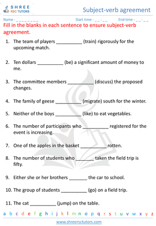 Grade 7  English worksheet: Subject-verb agreement