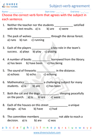 Grade 7  English worksheet: Subject-verb agreement