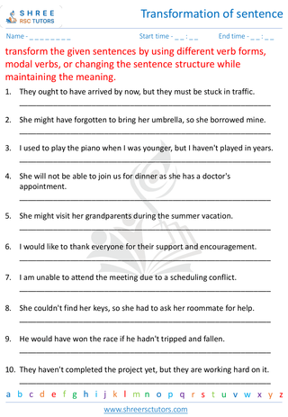 Grade 7  English worksheet: Transformation of sentence
