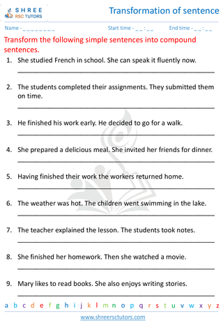 Grade 7  English worksheet: Transformation of sentence