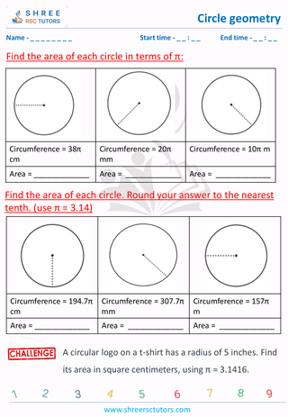 Grade 7  Maths worksheet: Circle geometry - Find area and circumference of decimal number