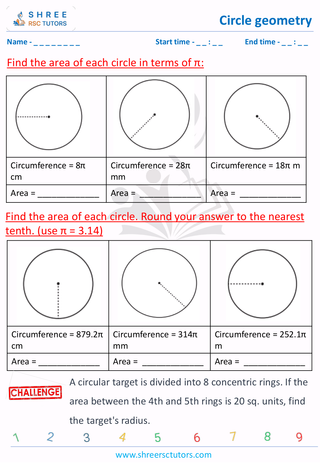 Grade 7  Maths worksheet: Circle geometry - Find area and circumference of decimal number
