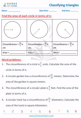 Grade 7  Maths worksheet: Circle geometry - Find area and circumference of fractional number.