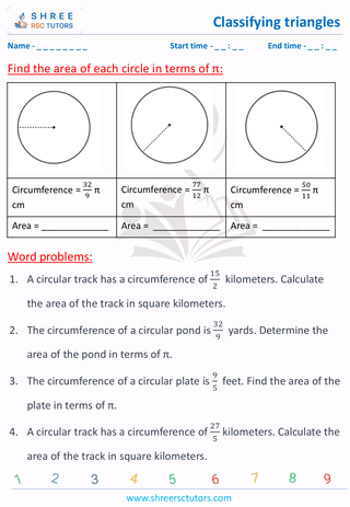 Grade 7  Maths worksheet: Circle geometry - Find area and circumference of fractional number.