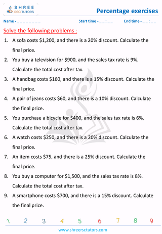 Grade 7  Maths worksheet: Percentages exercises - Calculate sales, taxes and discount