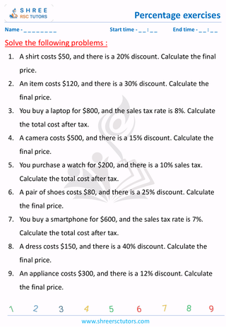 Grade 7  Maths worksheet: Percentages exercises - Calculate sales, taxes and discount