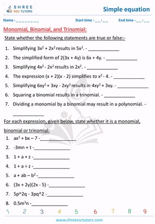 Grade 7  Maths worksheet: Simple equation - Monomial, binomial and trinomial