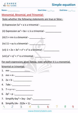 Grade 7  Maths worksheet: Simple equation - Monomial, binomial and trinomial