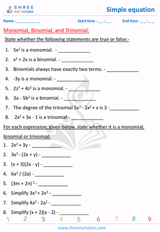 Grade 7  Maths worksheet: Simple equation - Monomial, binomial and trinomial