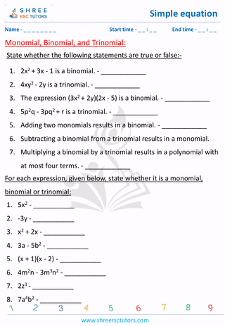 Grade 7  Maths worksheet: Simple equation - Monomial, binomial and trinomial