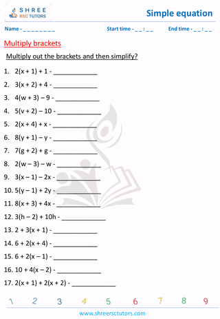 Grade 7  Maths worksheet: Simple equation - Multiply brackets