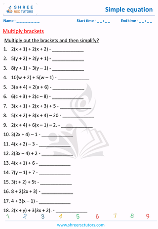 Grade 7  Maths worksheet: Simple equation - Multiply brackets