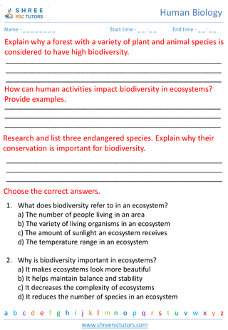 Grade 7  Science worksheet: Biodiversity and Adaptations - Biodiversity in ecosystems