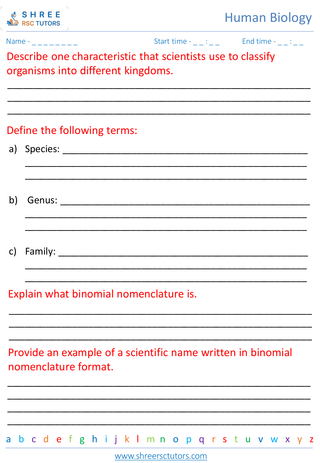 Grade 7  Science worksheet: Biodiversity and Adaptations - Classification of living organisms
