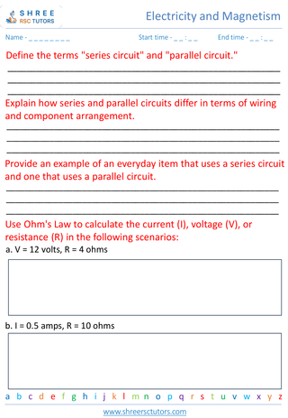 Grade 7  Science worksheet: Electricity and Magnetism - Basics of electricity and circuits