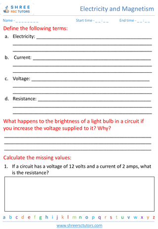 Grade 7  Science worksheet: Electricity and Magnetism - Basics of electricity and circuits