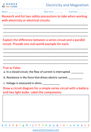 Grade 7  Science worksheet: Electricity and Magnetism - Basics of electricity and circuits