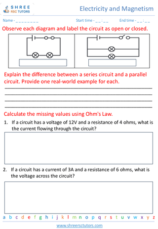 Grade 7  Science worksheet: Electricity and Magnetism - Basics of electricity and circuits