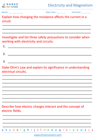 Grade 7  Science worksheet: Electricity and Magnetism - Basics of electricity and circuits