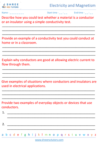 Grade 7  Science worksheet: Electricity and Magnetism - Conductors and insulators