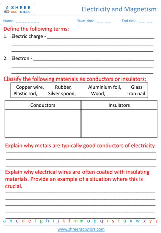 Grade 7  Science worksheet: Electricity and Magnetism - Conductors and insulators