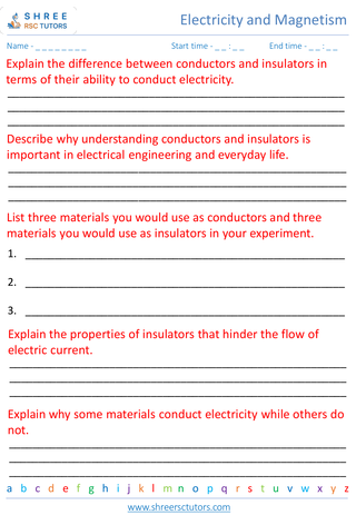 Grade 7  Science worksheet: Electricity and Magnetism - Conductors and insulators