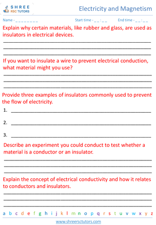 Grade 7  Science worksheet: Electricity and Magnetism - Conductors and insulators