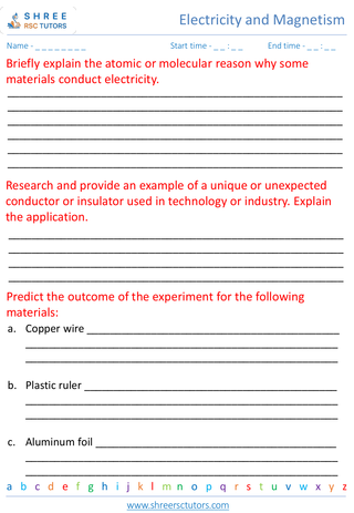 Grade 7  Science worksheet: Electricity and Magnetism - Conductors and insulators