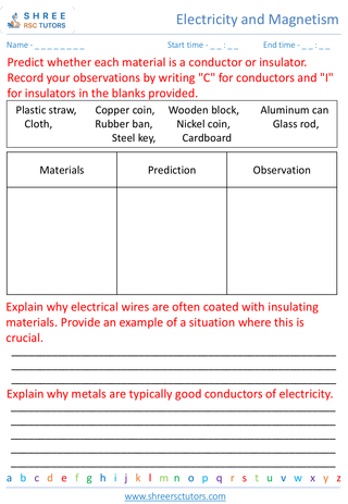 Grade 7  Science worksheet: Electricity and Magnetism - Conductors and insulators