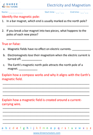 Grade 7  Science worksheet: Electricity and Magnetism - Introduction to magnets and magnetic fields