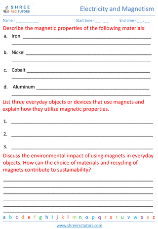 Grade 7  Science worksheet: Electricity and Magnetism - Introduction to magnets and magnetic fields