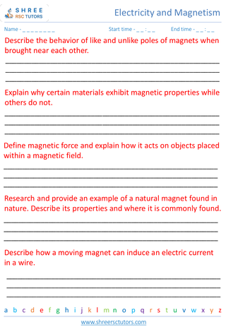 Grade 7  Science worksheet: Electricity and Magnetism - Introduction to magnets and magnetic fields