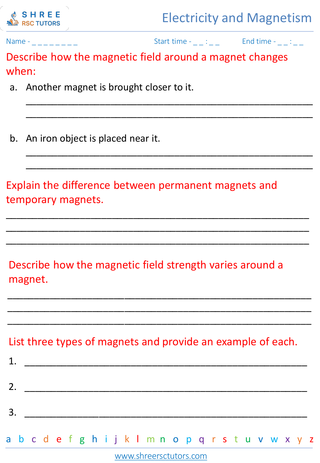 Grade 7  Science worksheet: Electricity and Magnetism - Introduction to magnets and magnetic fields