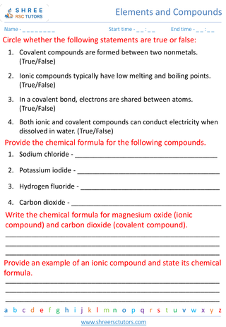 Grade 7  Science worksheet: Elements and Compounds - Chemical bonding ionic and covalent compounds