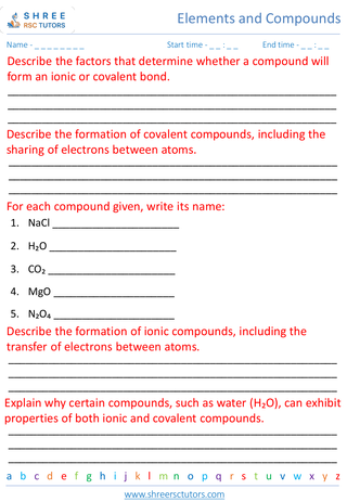 Grade 7  Science worksheet: Elements and Compounds - Chemical bonding ionic and covalent compounds