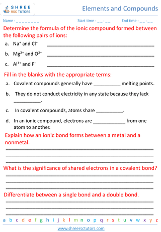 Grade 7  Science worksheet: Elements and Compounds - Chemical bonding ionic and covalent compounds