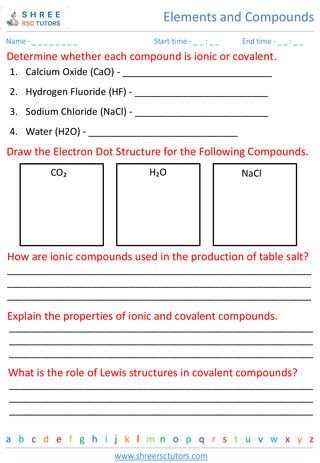 Grade 7  Science worksheet: Elements and Compounds - Chemical bonding ionic and covalent compounds